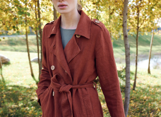 A classic double-breasted heavy linen coat