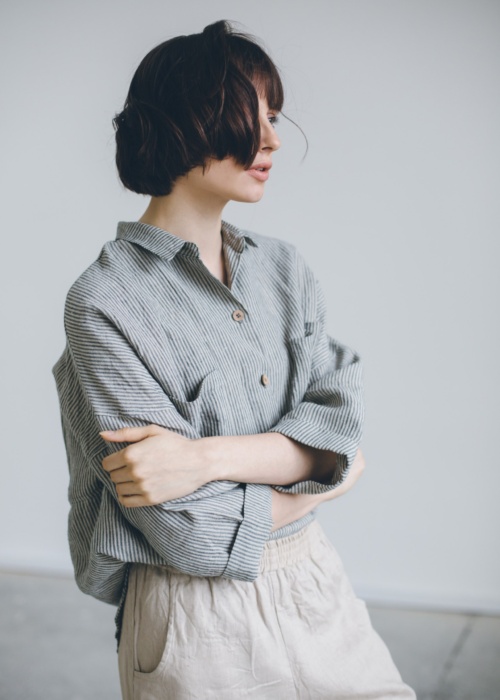 Linenfox model in grey stripe linen oversized shirt