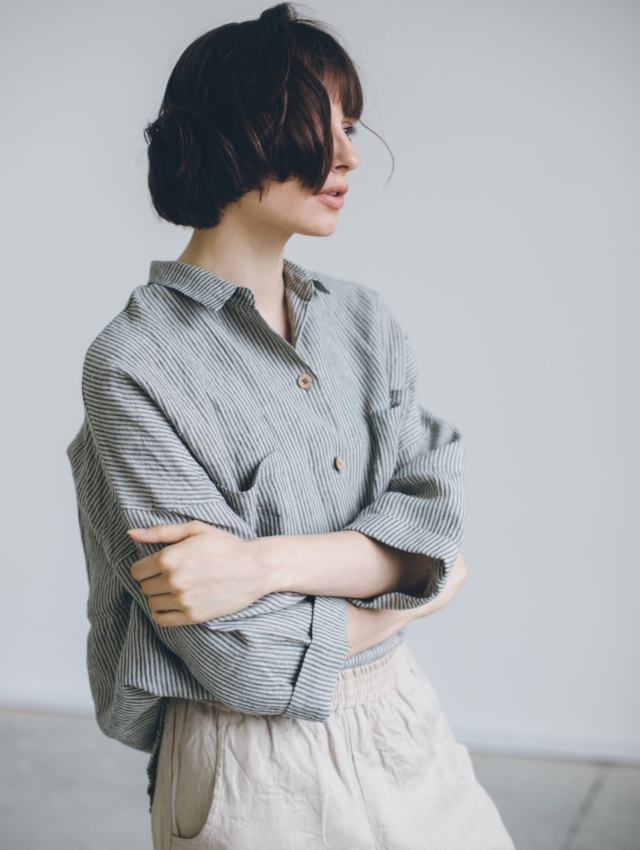 Linenfox model in grey stripe linen oversized shirt