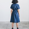 Back of the linen wrap dress in dark blue