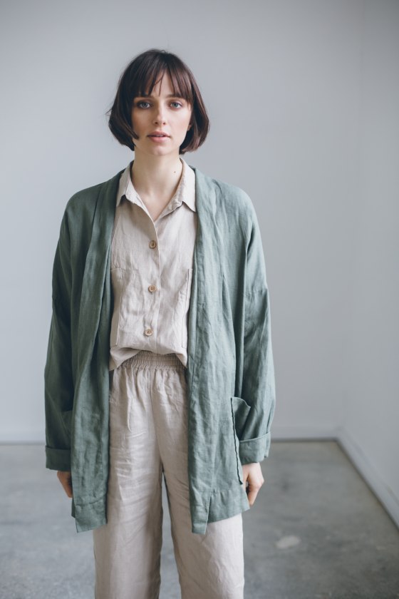 Model wearing relaxed outfit made of linen
