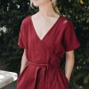 Front of burgundy red linen summer dress