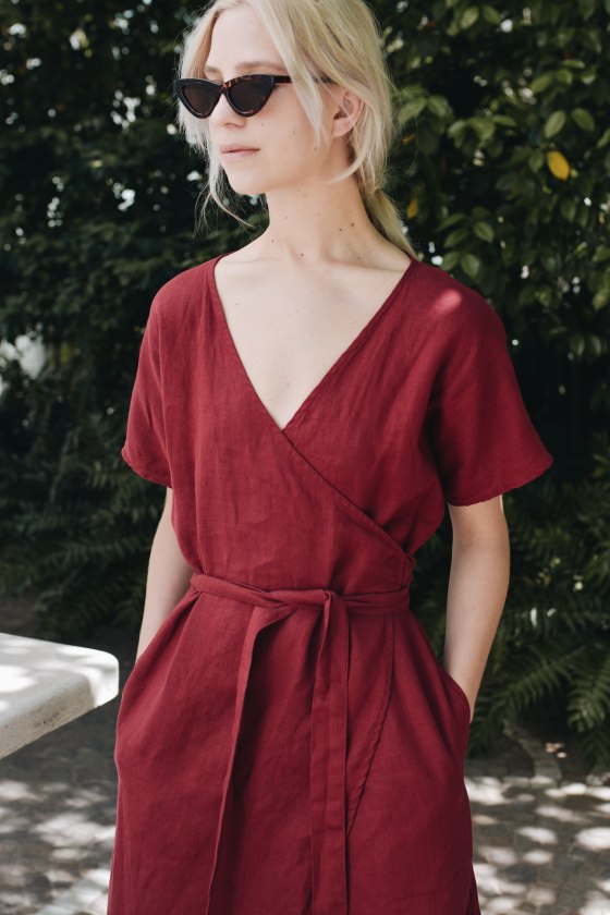 Front of burgundy red linen summer dress