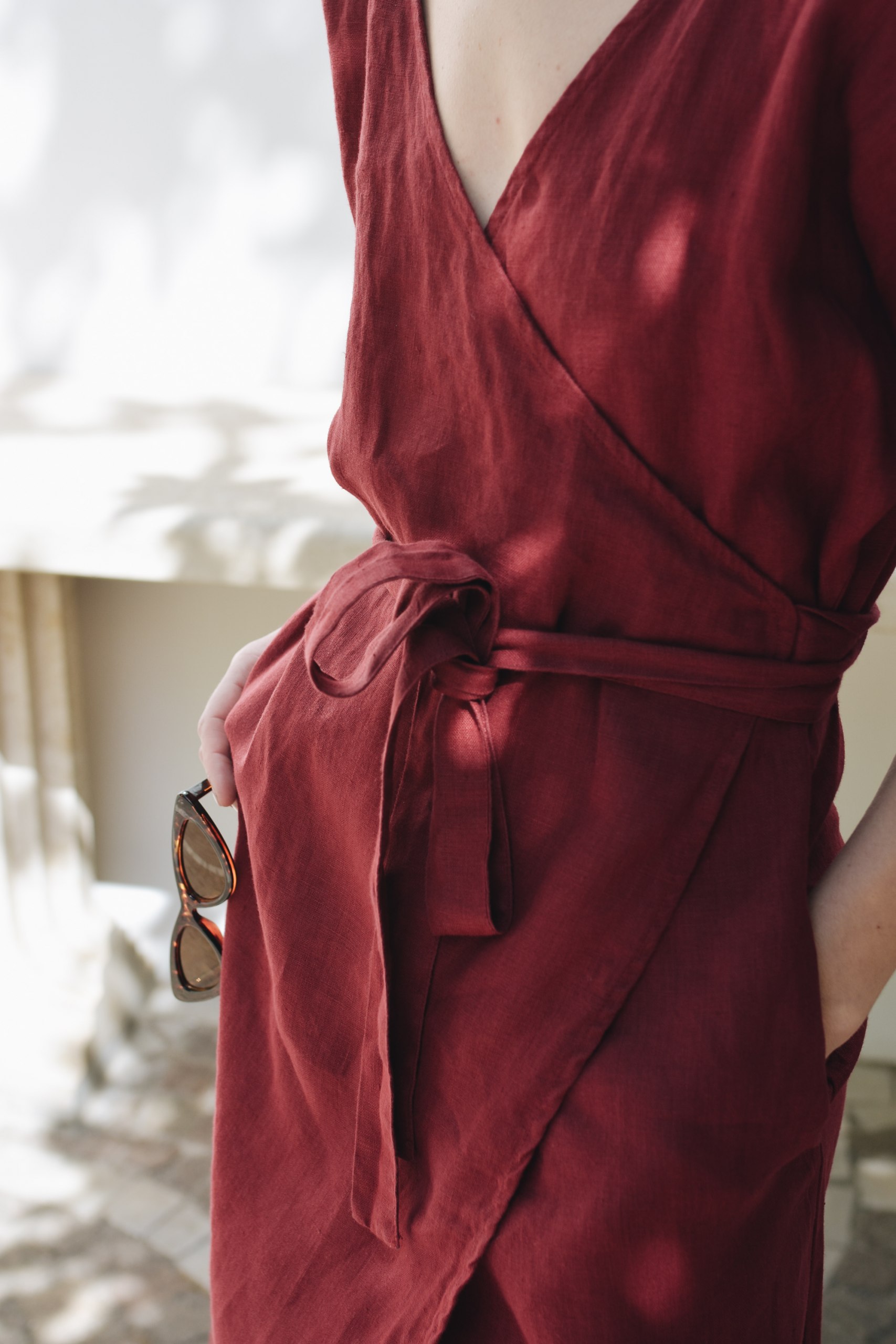 belt of red linen wrap dress