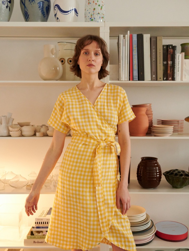 Linen Dress Wrap Dress Yellow Gingham