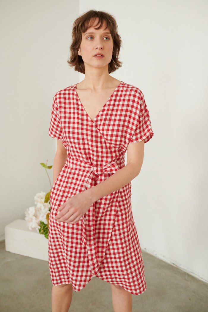 Front of the linen wrap dress in red gingham