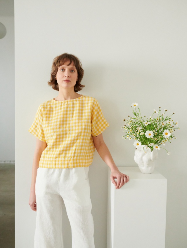 Yellow Gingham Linen Top Linen Blouse Cropped Top Linen Shirt Oversized