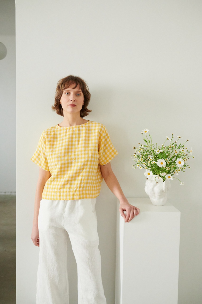 Yellow Gingham Linen Top Linen Blouse Cropped Top Linen Shirt Oversized