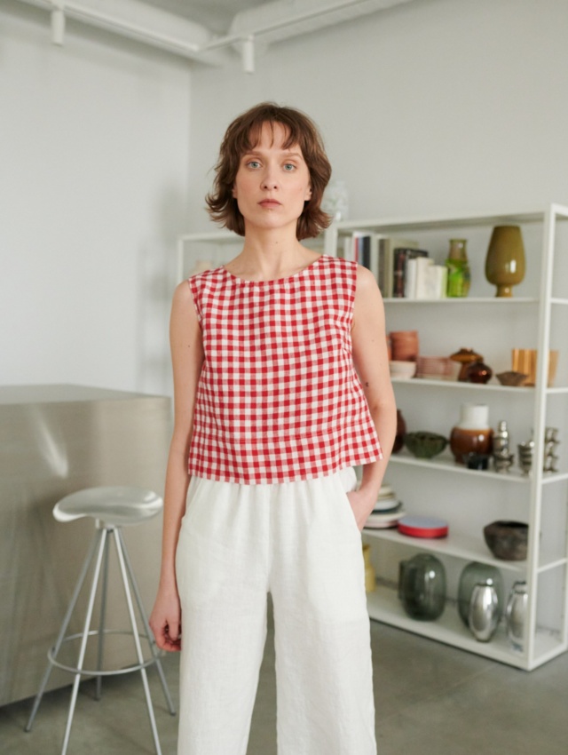 Red gingham top and white pants set