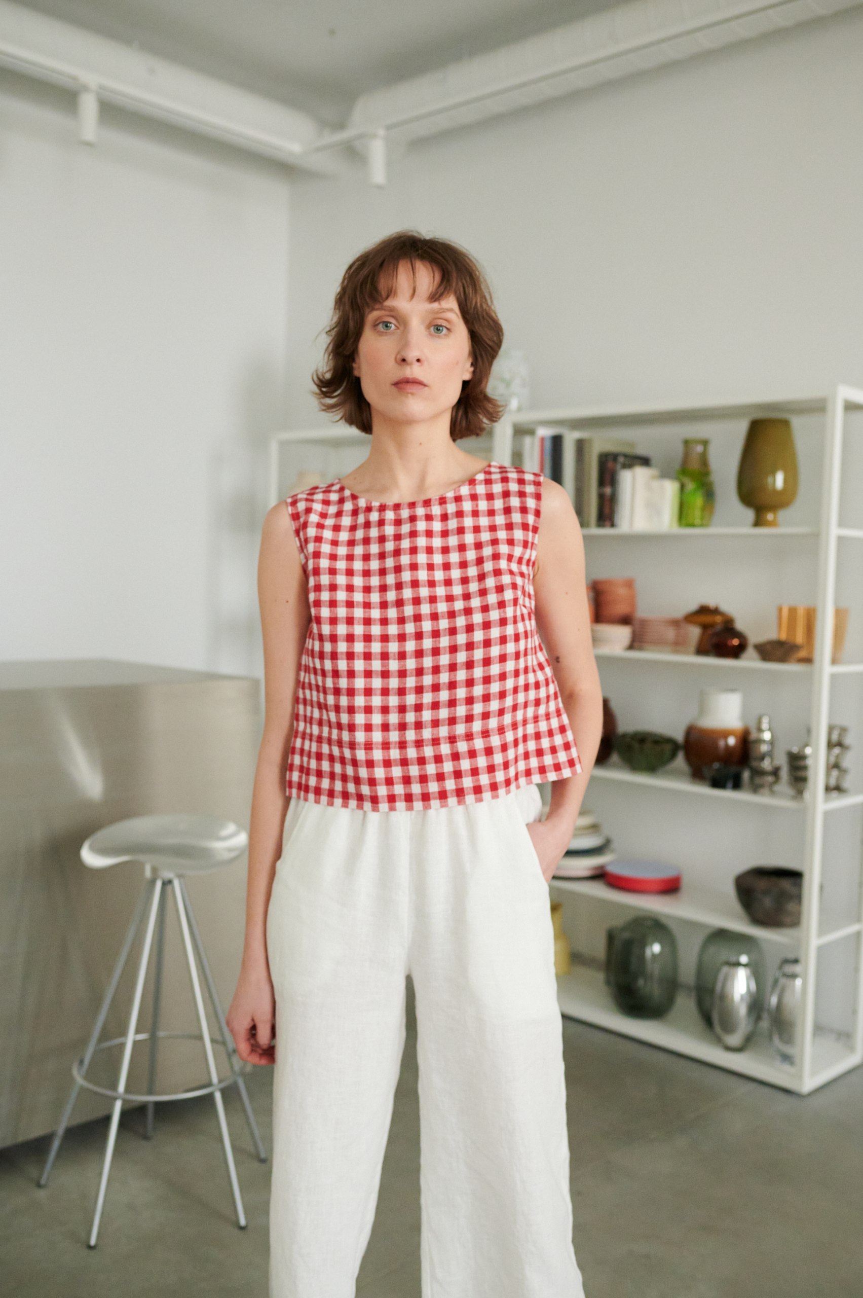 Red gingham top and white pants set