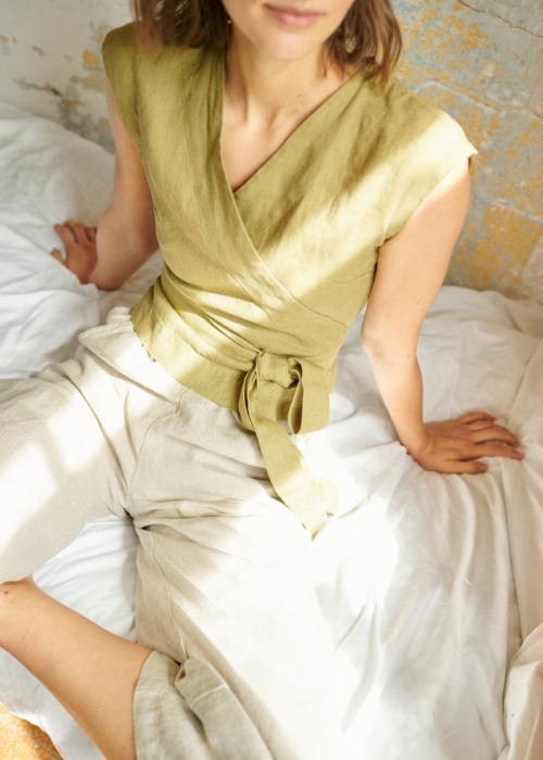 Women wearing linen wrap blouse top