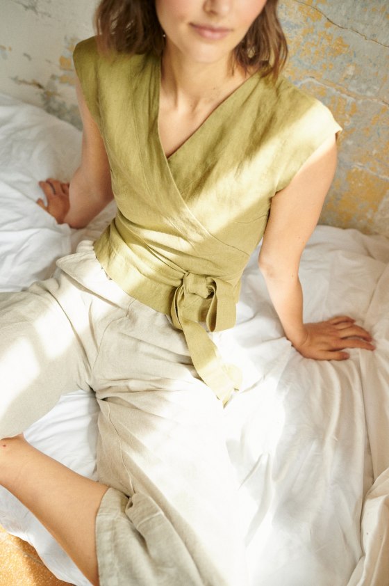 Women wearing linen wrap blouse top