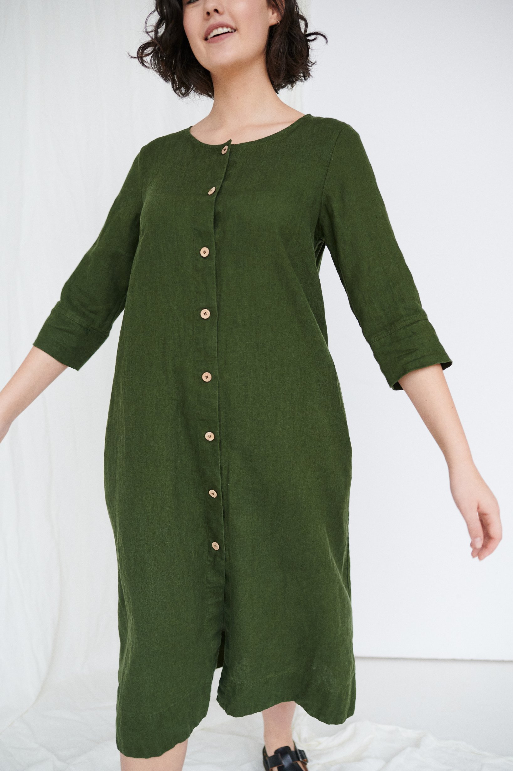 Elena Forest Green Linen Dress - Linenfox