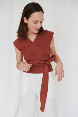 Slim fitting wrap top and linen pants combo