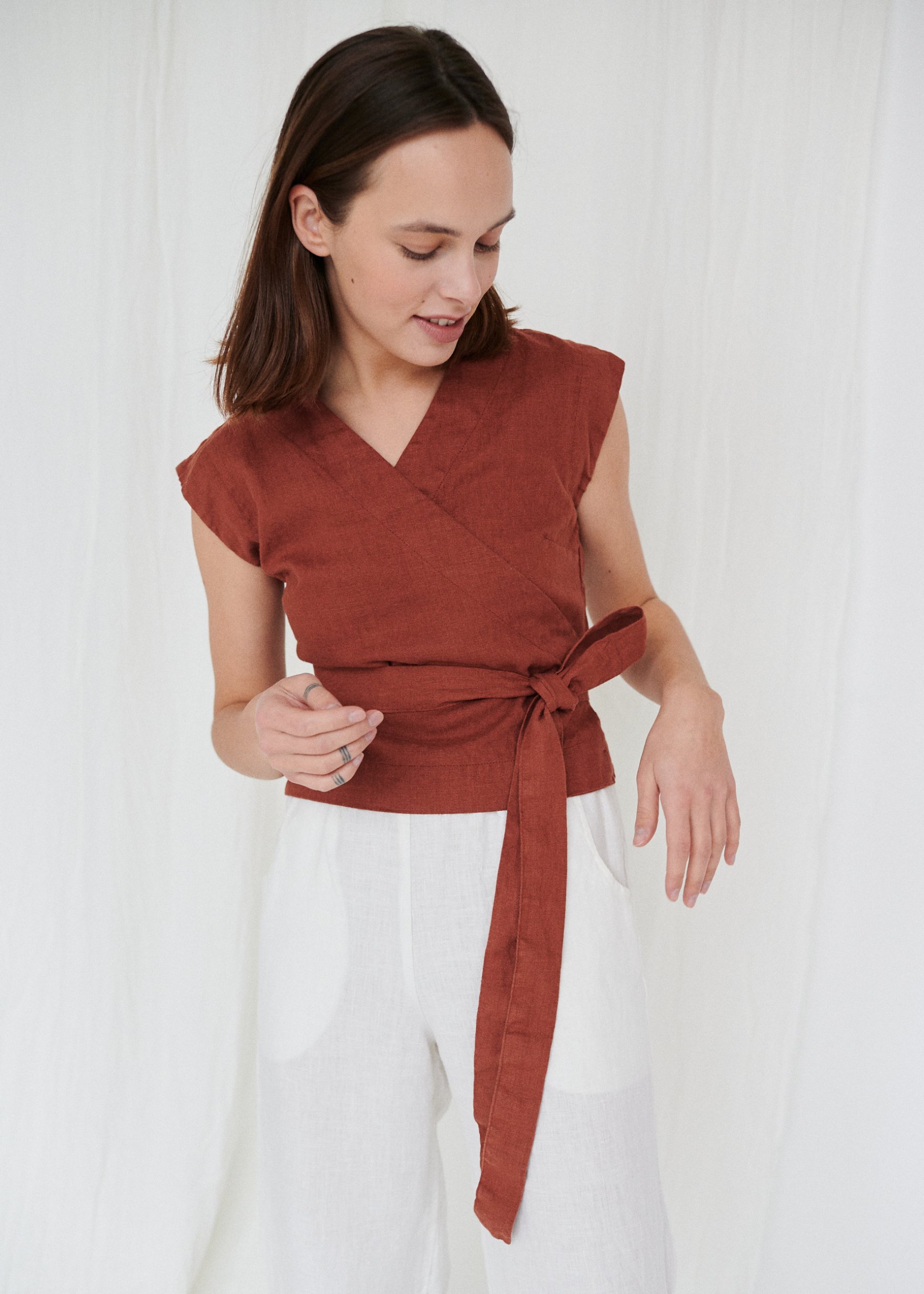 Slim fitting wrap top and linen pants combo