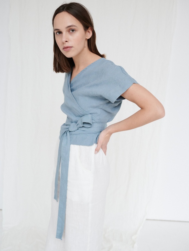 Wrap blouse with linen pants set