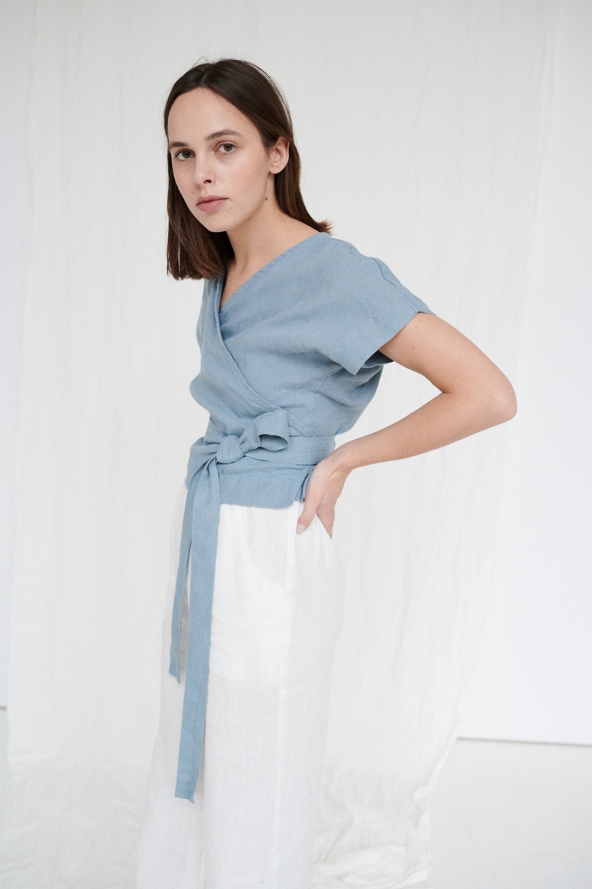 Wrap blouse with linen pants set