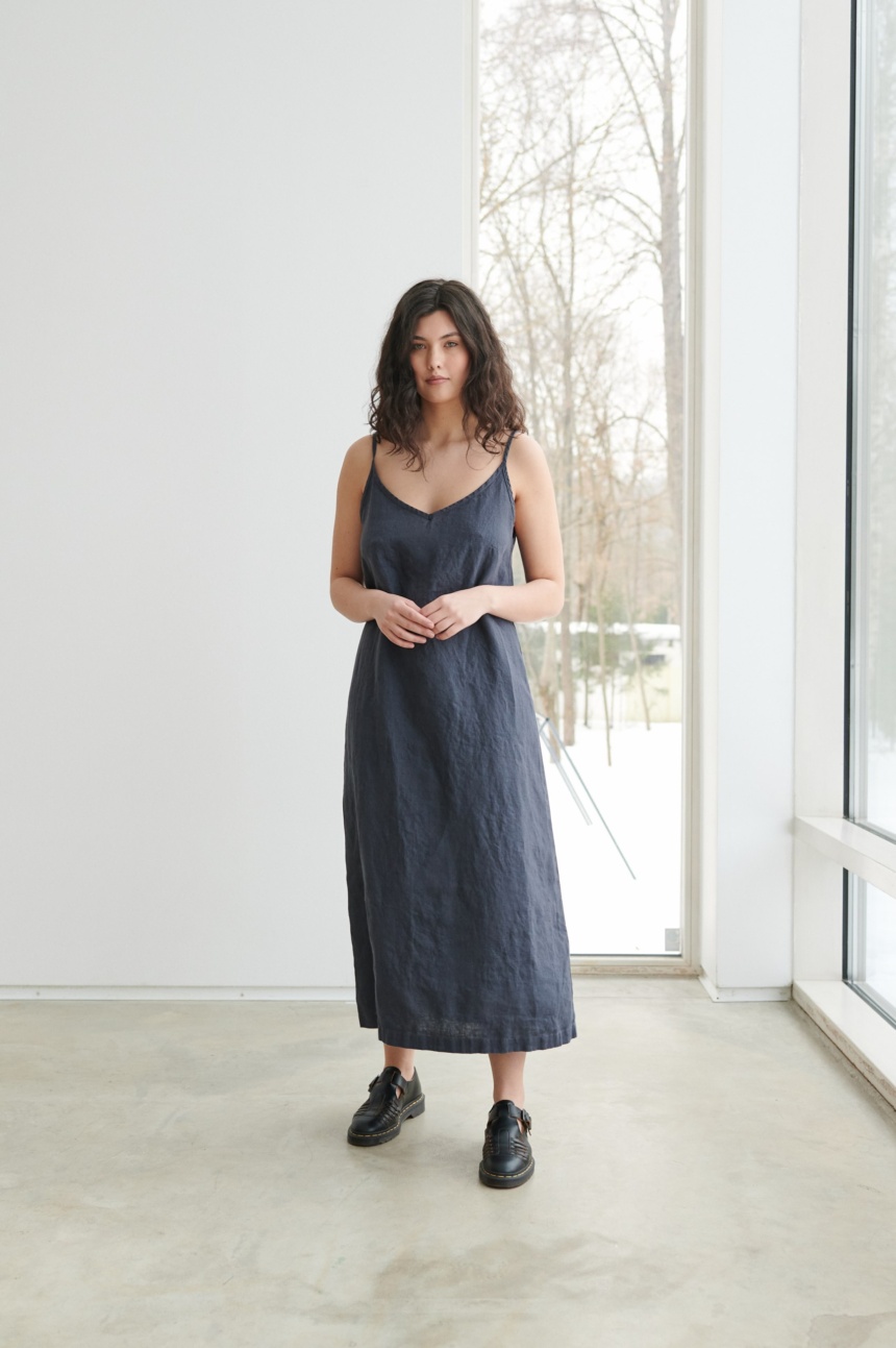 Women wearing simple slip dress in linen