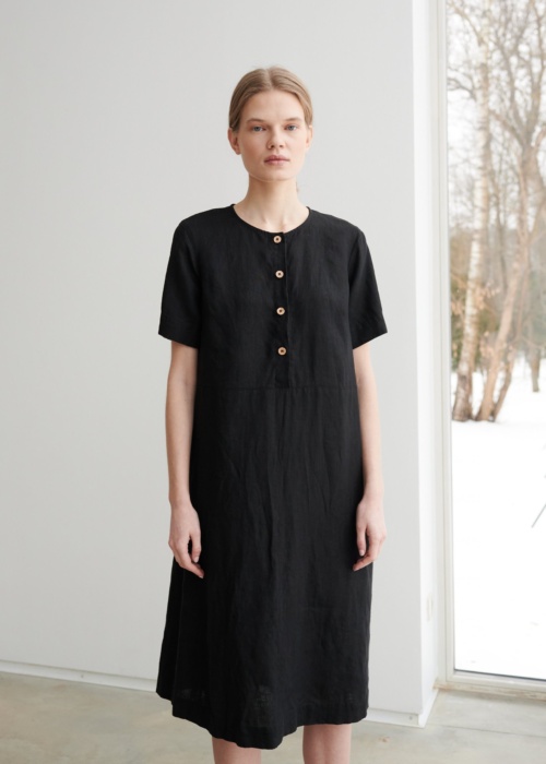 Button-down bodice midi dress in linen