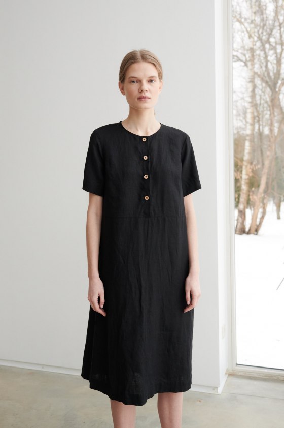 Button-down bodice midi dress in linen