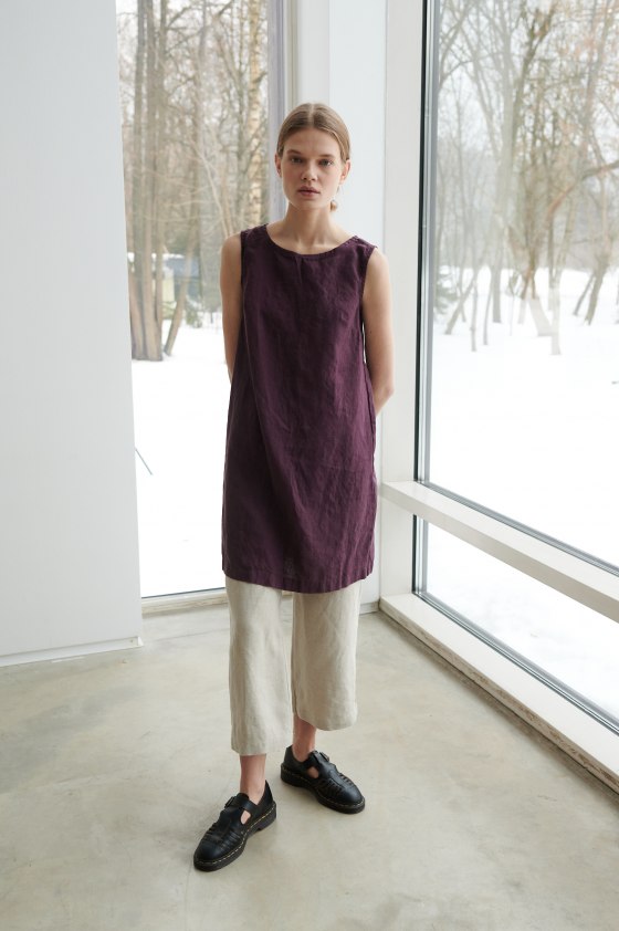 Model wearing basic violet dress and pants set