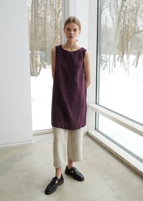 Model wearing basic violet dress and pants set