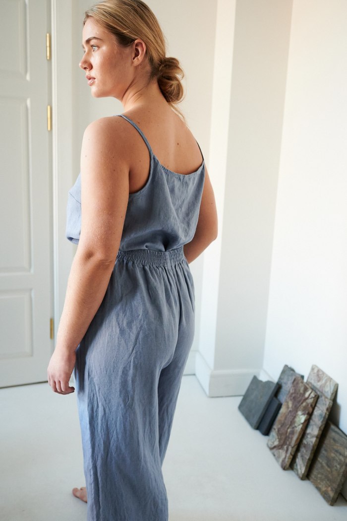 Blue wide leg linen trousers with a matching linen top