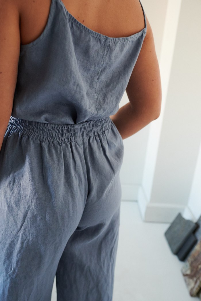 The back of elasticated high waist trousers in sky blue