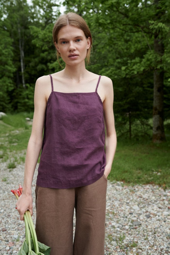 A purple lightweight linen summer top with a high neckline and spaghetti straps