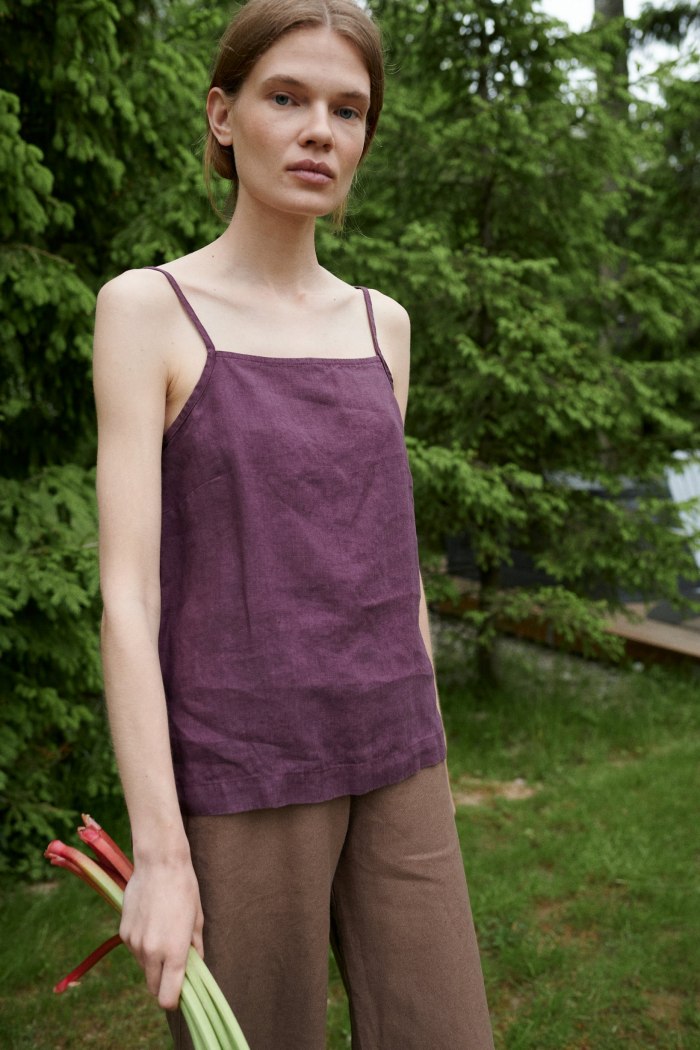 A straight-cut silhouette linen summer top with thin straps