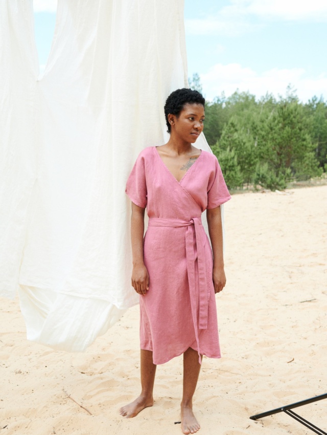 Linen wrap linen dress in pink on a women