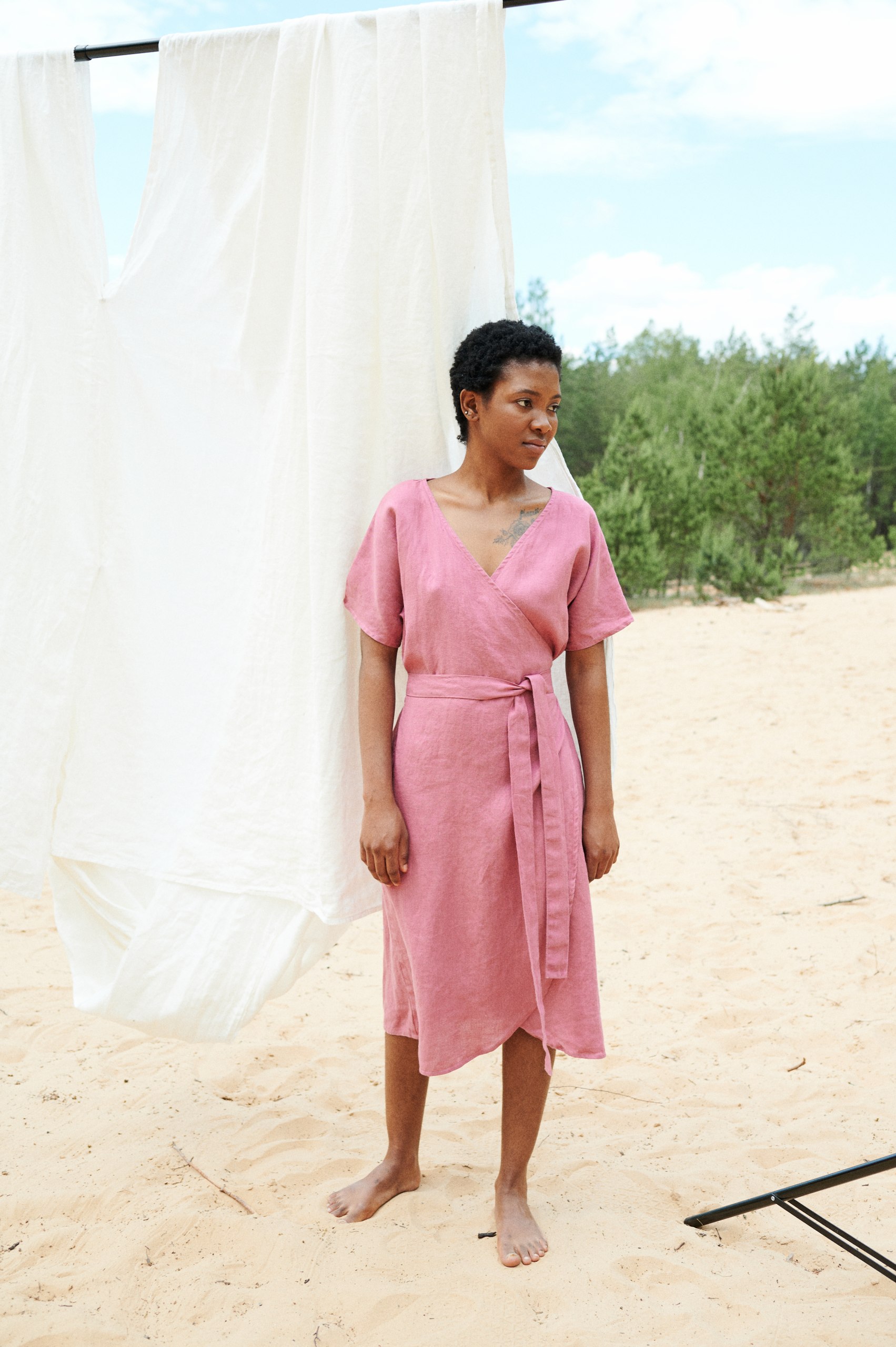 Linen wrap linen dress in pink on a women