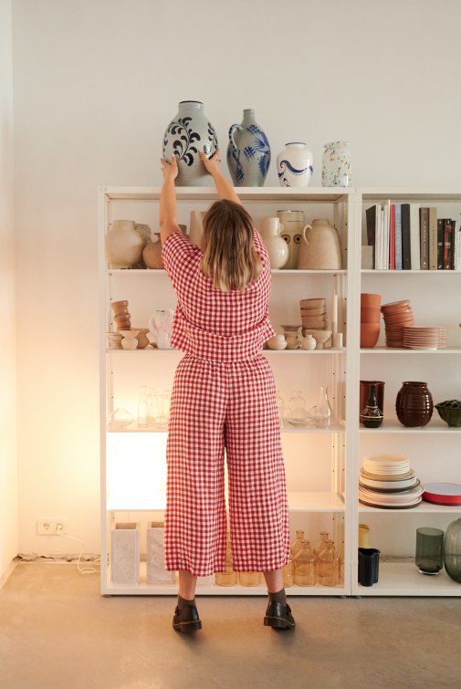 The back of red gingham relaxed fit linen pants