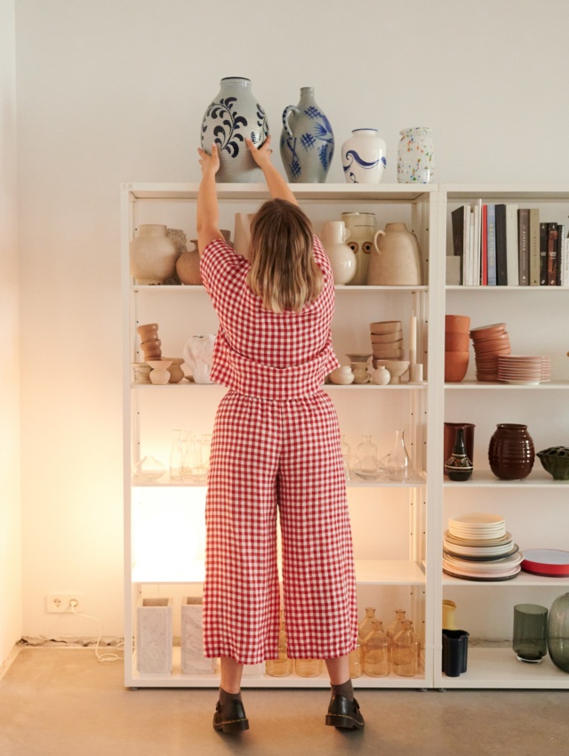 The back of red gingham relaxed fit linen pants