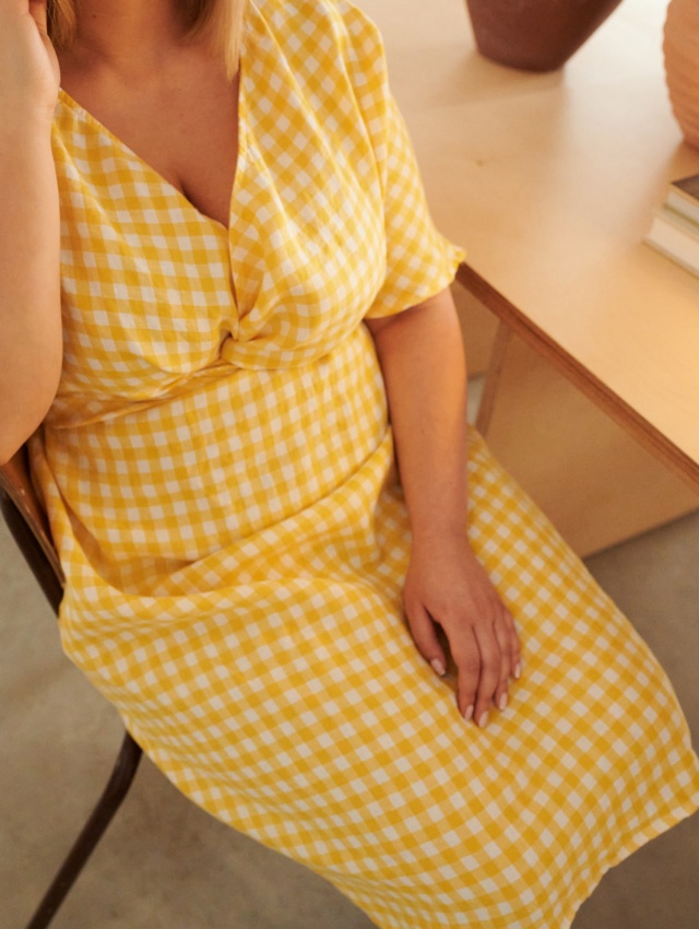 Maternity friendly yellow gingham linen dress