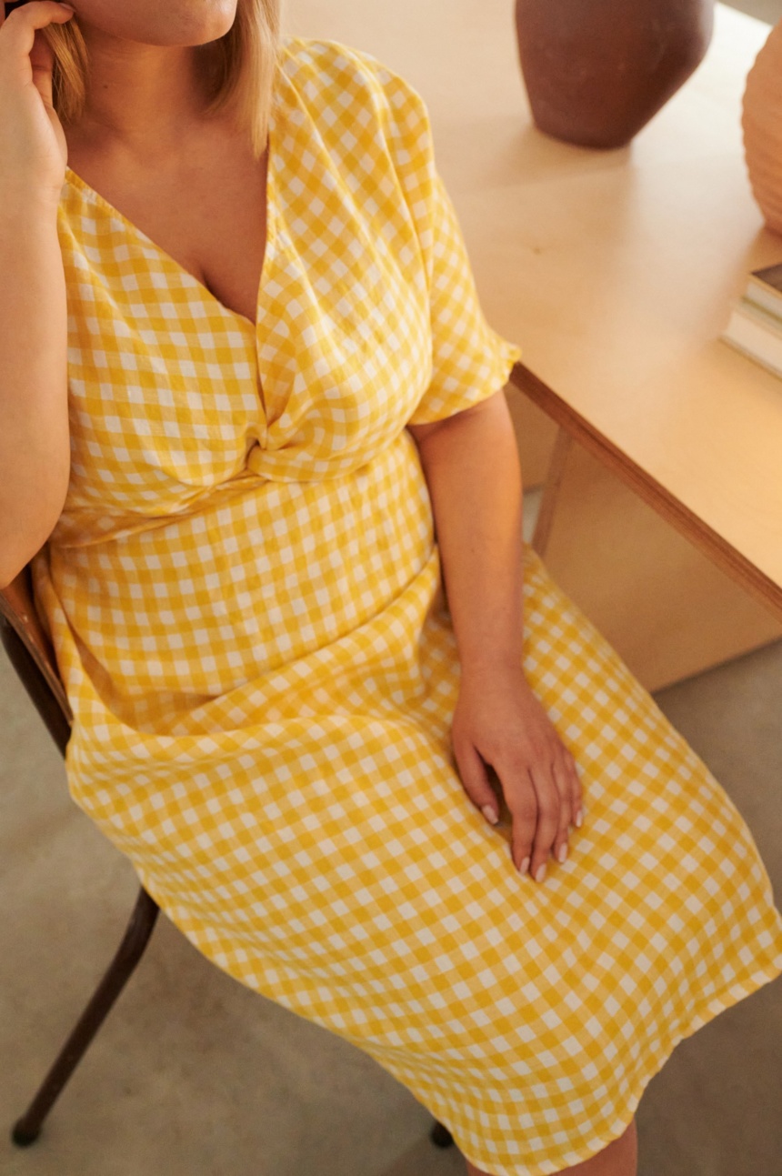 Maternity friendly yellow gingham linen dress