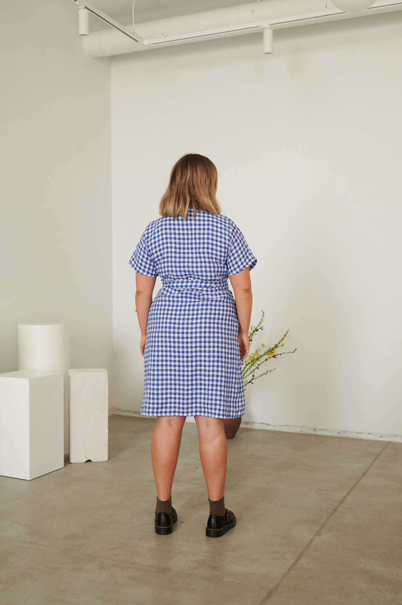 woman's back in blue gingham summer dress