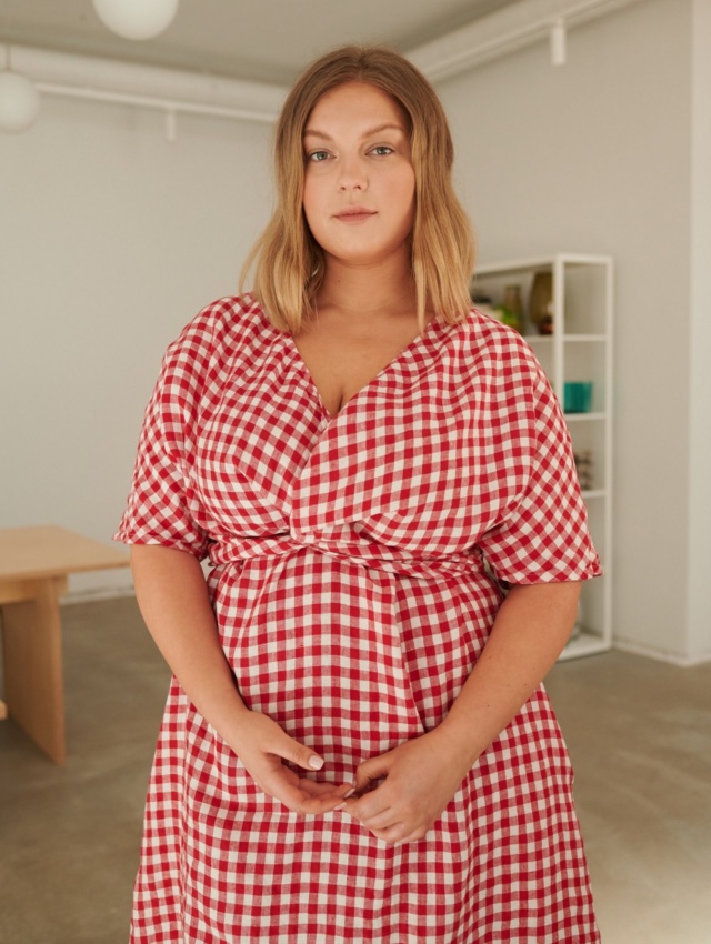 Red gingham summer dress made of linen