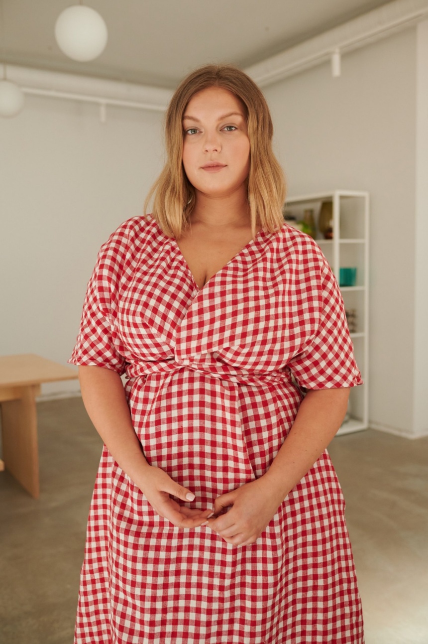 Red gingham summer dress made of linen