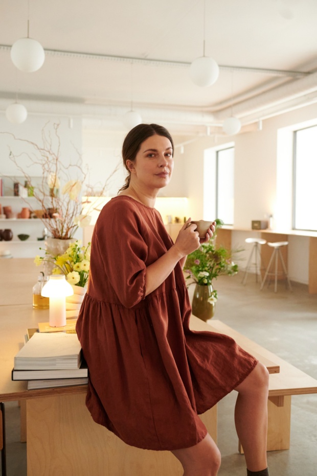 Enjoying comfy linen dress at studio