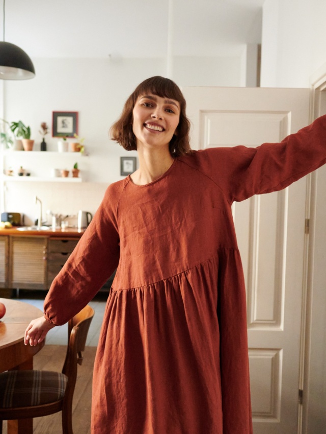 Terracotta Oversized Linen Dress, Linen Smock Dress, Long Sleeve Linen Dress