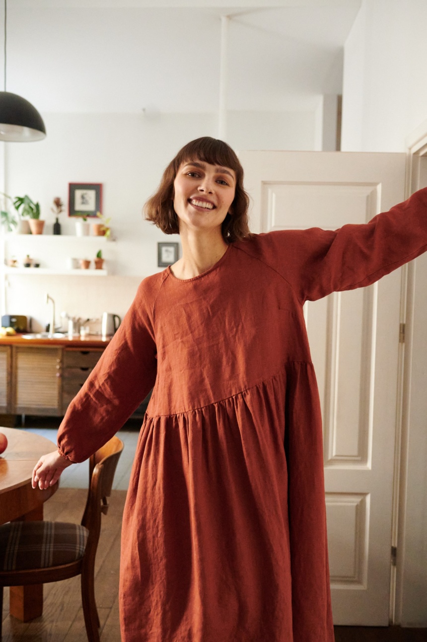 Terracotta Oversized Linen Dress, Linen Smock Dress, Long Sleeve Linen Dress