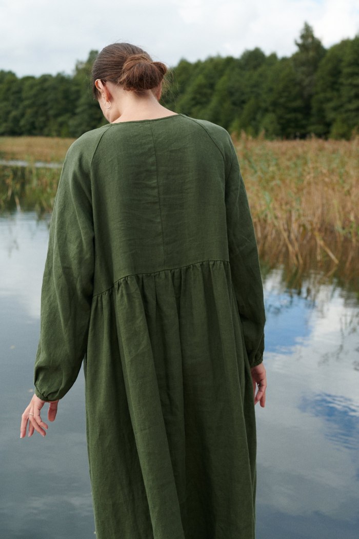 Back of the forest green linen smock dress