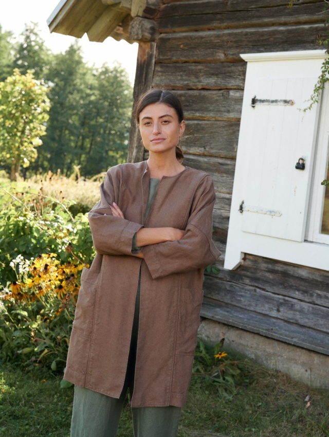 Front of an oversized heavy linen jacket with three quarter sleeves