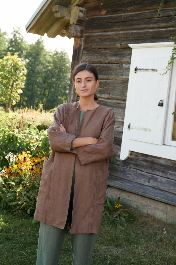 Front of an oversized heavy linen jacket with three quarter sleeves