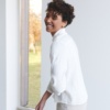 White linen button down shirt side view