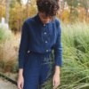 Women with navy blue linen apparel at garden