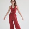 Linenfox model in a sleeveless wrap linen top and matching wide-leg trousers outfit