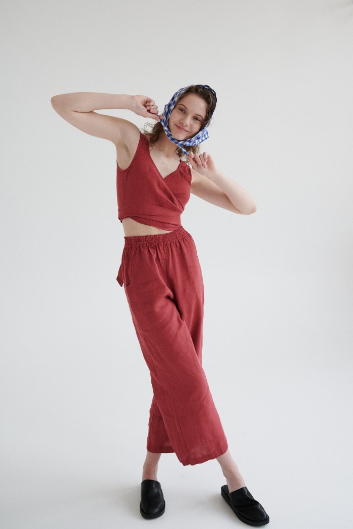 Wide-leg linen trousers and a wrap cropped linen top
