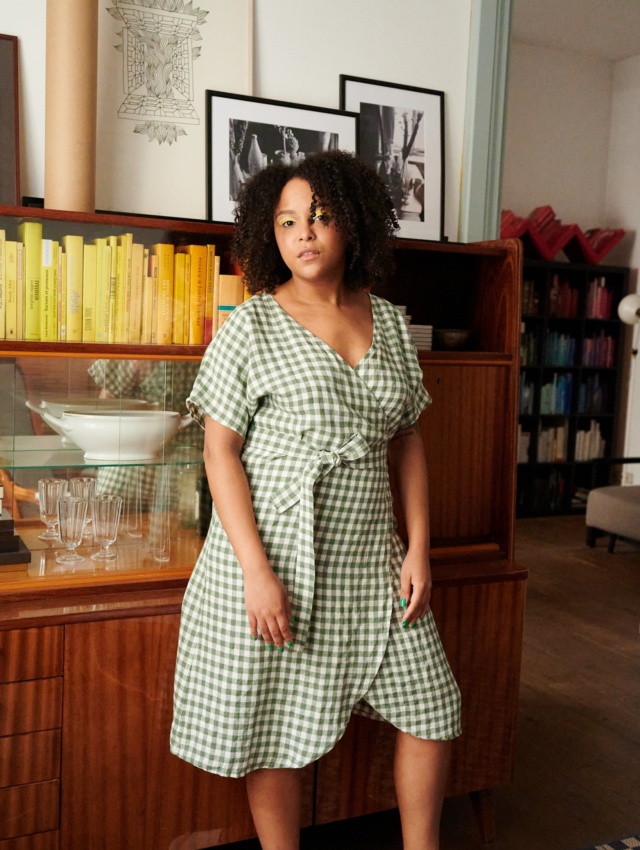 Green gingham linen wrap dress